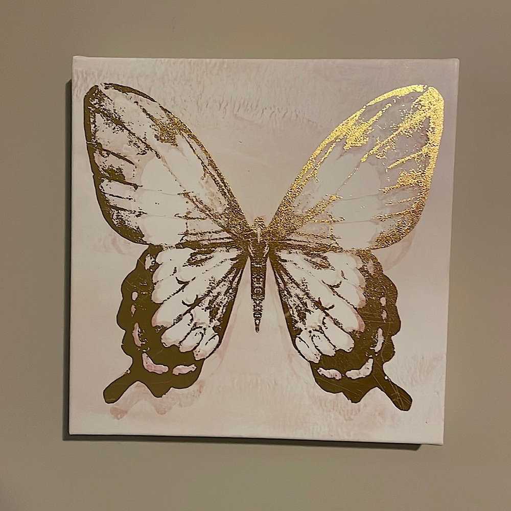 Pink, white, & gold butterfly BEBE canvas wall art. 12x12in 1 1/2in thick